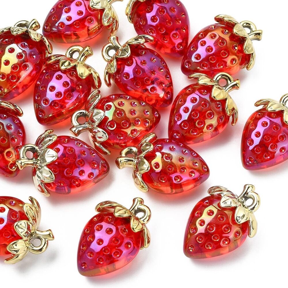 5099 20 Pcs Acrylic Red Strawberry Charms Transparent Imitation Fruit